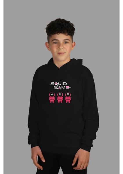 Çocuk Siyah Kapşonlu Sweatshirt Squid Game Dijital Baskılı Iki Iplik Içi Şardonlu