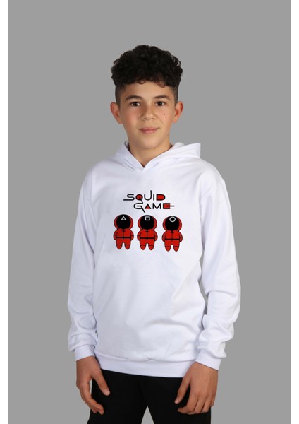 Çocuk Beyaz Kapşonlu Sweatshirt Squid Game Dijital Baskılı Iki Iplik Içi Şardonlu