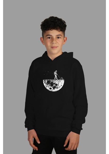 çocuk Siyah Kapşonlu Dijital Baskılı Sweatshirt