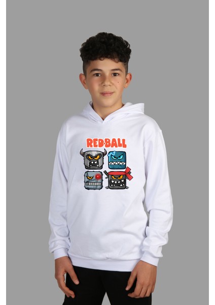 çoçuk Beyaz Kapüşonlu Sweatshirt Red Ball Dijital Baskılı Iki Iplik Içi Şardonlu