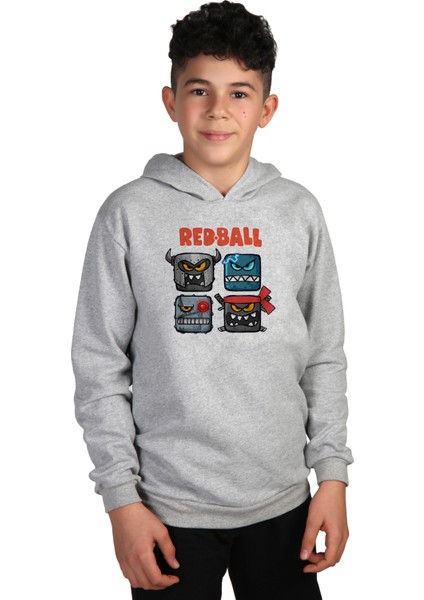 çoçuk Gri Melanj Kapüşonlu Sweatshirt Red Ball Dijital Baskılı Iki Iplik Içi Şardonlu