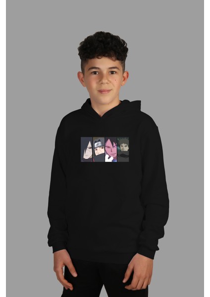 çoçuk Siyah Kapüşonlu Sweatshirt Naruto Dijital Baskılı Iki Iplik Içi Şardonlu