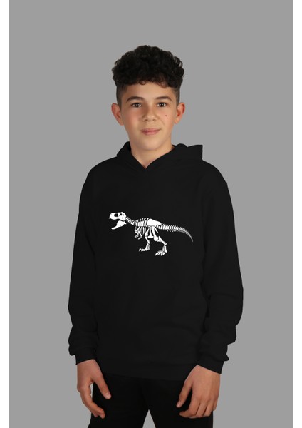 çoçuk Siyah Kapüşonlu Sweatshirt Dinazor Dijital Baskılı Iki Iplik Içi Şardonlu