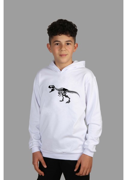 çoçuk Beyaz Kapüşonlu Sweatshirt Dinazor Dijital Baskılı Iki Iplik Içi Şardonlu