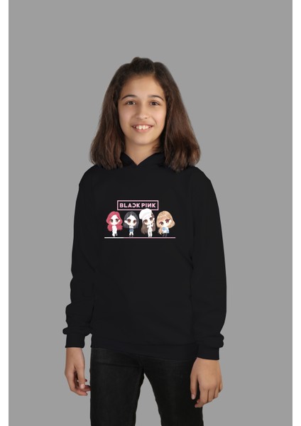 çoçuk Örme Siyah Kapüşonlu Sweatshirt Black Pink Dijital Baskılı Iki Iplik Içi Şardonlu