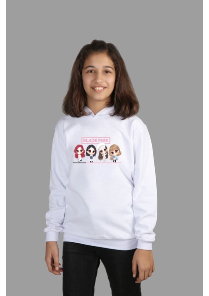 çoçuk Örme Beyaz Kapüşonlu Sweatshirt Black Pink Dijital Baskılı Iki Iplik Içi Şardonlu