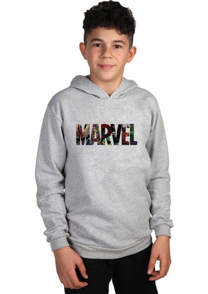 Raf Coll çoçuk Örme Gri Kapüşonlu Sweatshirt Marvel Dijital Baskılı Iki Iplik Içi Şardonlu