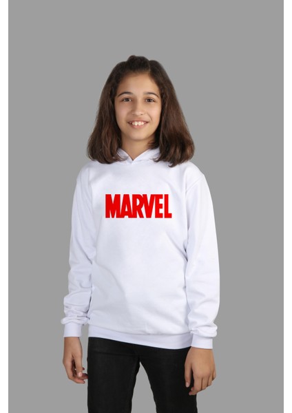 çoçuk Örme Beyaz Kapüşonlu Sweatshirt Marvel Dijital Baskılı Iki Iplik Içi Şardonlu