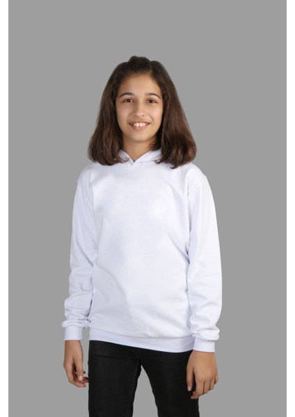 çoçuk Örme Beyaz Kapüşonlu Sweatshirt Iki Iplik Içi Şardonlu