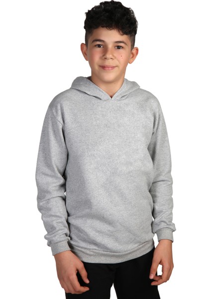 çoçuk Örme Gri Kapüşonlu Sweatshirt Iki Iplik Içi Şardonlu