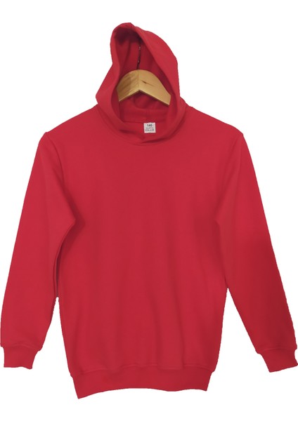 çoçuk Örme Kırmızı Kapüşonlu Sweatshirt Iki Iplik Içi Şardonlu