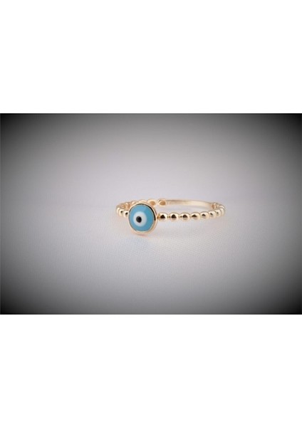 Minimal Altın Yüzük- 14 Ayar Altın Güverseli Nazar Boncuğu Turkuaz Mineli Minimal Kadın Yüzük