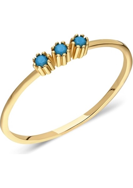 14 Ayar Altın -Tiria Mimimal Firuze Taşlı Altın Eklem Yüzügü -Hediye 14 Ayar Sarı Altın Yüzük