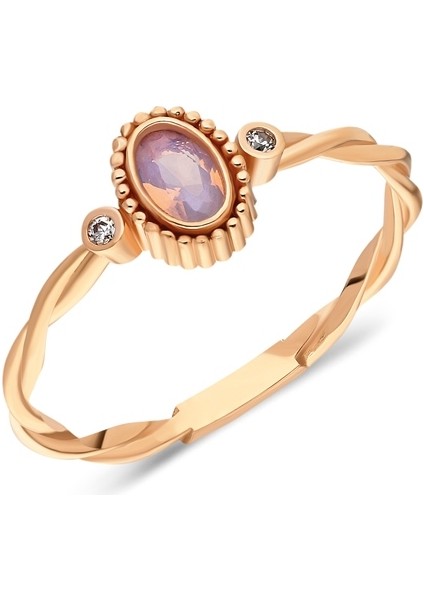 Altın Yüzük - 14 Ayar Altın 0,30 Ct Pınky Quartz 0.08 Ct Zirkon Taşlı Altın Yüzük-Tria Pınky Quartz Taşlı Altın Roz Renk Yüzük