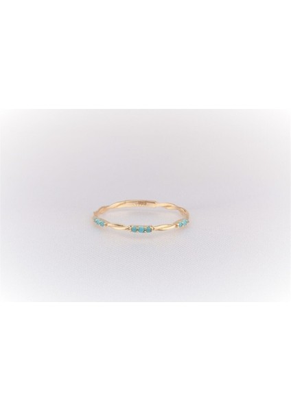 Altın Yüzük - 14 Ayar Altın Burma Tel Turkuaz Taşlı Minimal Yüzük - Hediyelik Altın Yüzük