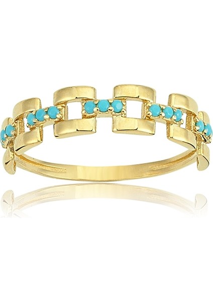 Taşlı Kare Zincir Firuze Taşlı 925 Ayar Gümüş Yüzük-Taşlı Minimal Gümüş Alyans-Tasarım Eklem Yüzüğü