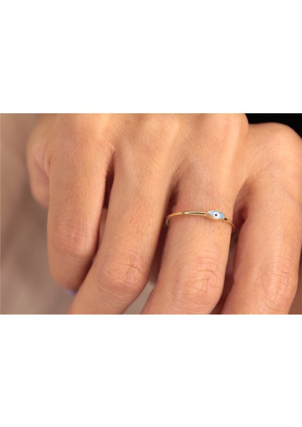 Altın Yüzük - 14 Ayar Altın Mineli Yüzük- Mekik Göz Boncuk Mekik Turkuaz Mineli 14 Ayar Sarı Renk Minimal Yüzük