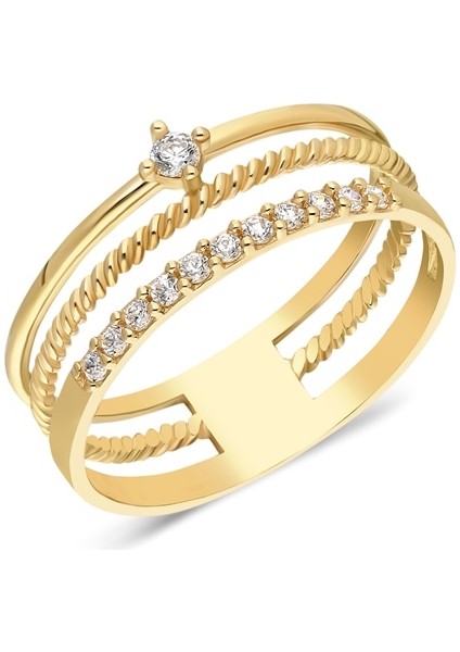 Altın Yüzük - 14 Ayar Altın Üç Sıra Zirkon Taşlı Kombin Yüzük - Tektaş, Alyans, Yarım Tur Yüzük