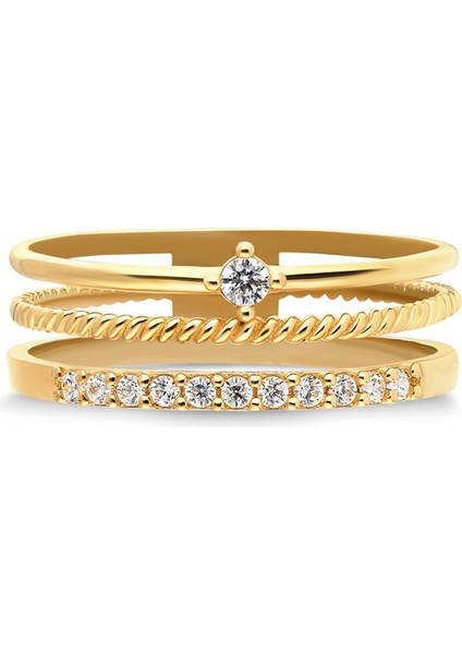 Altın Yüzük - 14 Ayar Altın Üç Sıra Zirkon Taşlı Kombin Yüzük - Tektaş, Alyans, Yarım Tur Yüzük fiyatları