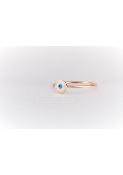 Altın Yüzük - Beyaz Mineli Nazar Boncuğu Düz Kollu Roz 14 Ayar Altın Hediye Kadın Yüzük ANKYÜZ2027