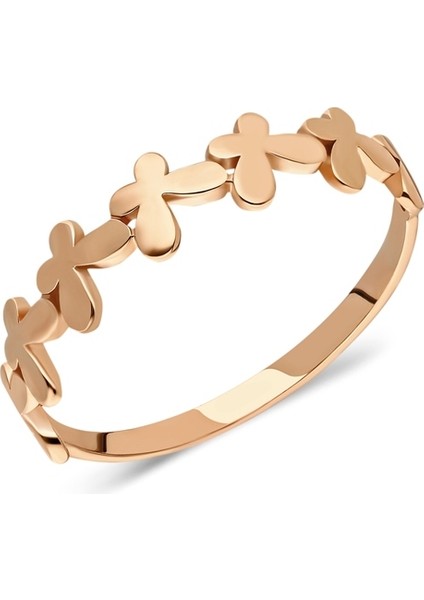 Taşsız Altın Yüzük - 14 Ayar Altın Taşsız Sıralı Kelebek Minimal Kadın Yüzük - Anneler Günü Hediyesi