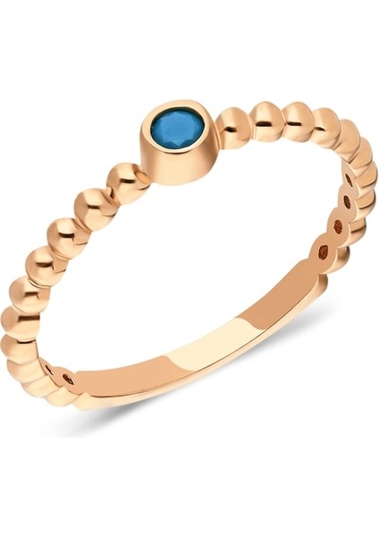 Tektaş Altın Yüzük - 14 Ayar Altın Güverseli Turkuaz Taşlı Minimal Tek Taş Roz Yüzük - Eşe Yüzük