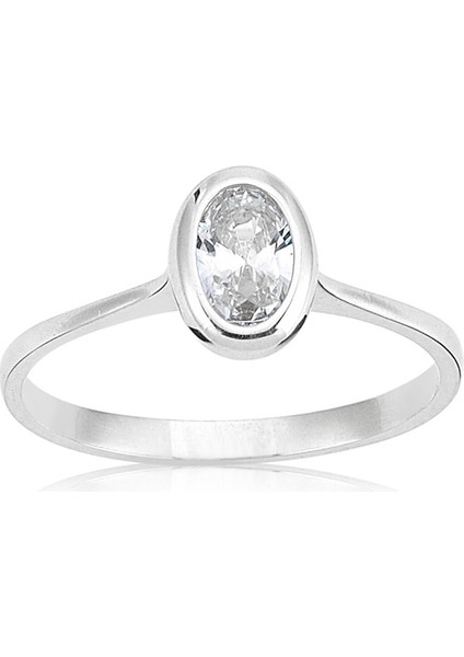 Gümüş Yüzük - 0.60 CT Pırlanta Montörü Swarovski Oval Taşlı 925 Ayar Gümüş Yüzük-Hediye Tektaş Yüzük