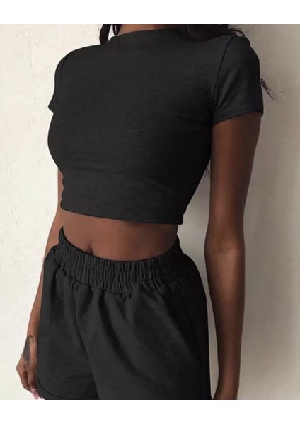 Özel Tasarım %100 Pamuk Kısa Crop Detaylı Sexy Kadın Bermuda Mini Şort Takımı