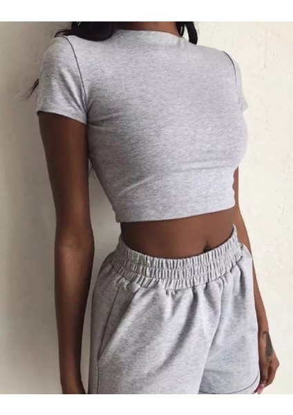 Özel Tasarım %100 Pamuk Kısa Crop Detaylı Sexy Kadın Bermuda Mini Şort Takımı