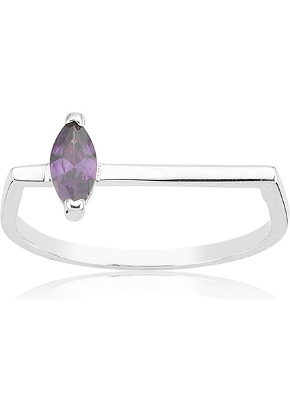 Gümüş Yüzük - Ufuk Çizgisi Şans Totemi İnce Minimal Tasarım 0.20 CT Ametist Taşlı Gümüş Yüzük
