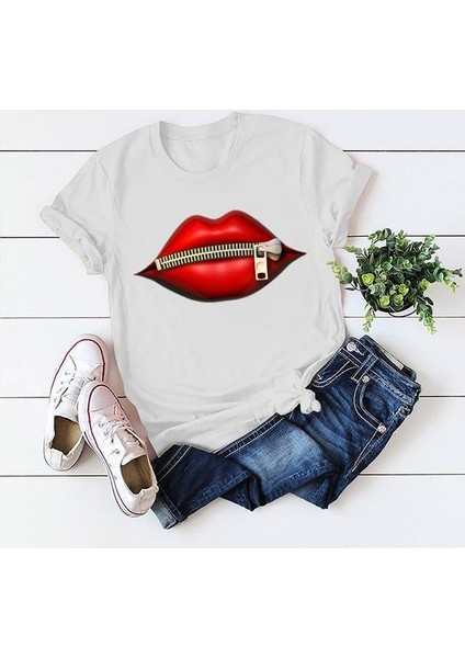 Dudak Baskılı Pamuklu Süprem Kumaş Tişört 65CM