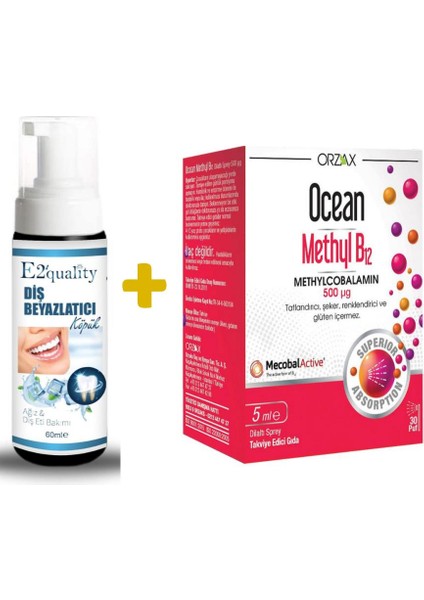 E2'Quality Diş Beyazlatıcı Köpük + Orzax Ocean 500 Μg Methyl B12 Sprey 5 Ml