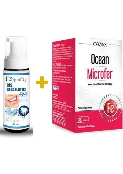 E2'Quality Diş Beyazlatıcı Köpük + Orzax Ocean Microfer Takviye Edici Gıda 30 Tablet