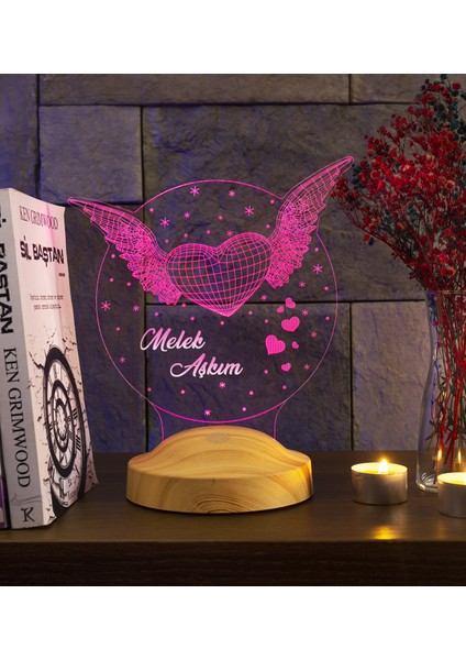 Melek Aşkım Kanatlı Kalp 3D LED Lamba - Sevgiliye Aşkınızı Yansıtan Romantik Hediye, Gece Lambası, 14 Şubat Hediyesi