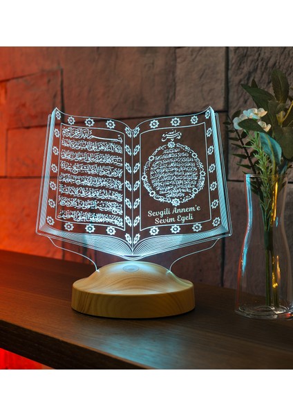 Dini Hediye, Kuran-ı Kerim 3D Lamba, Ramazan Hediyesi, Anneye Manevi Hediye İsimli, İslami Dekor Hediyesi