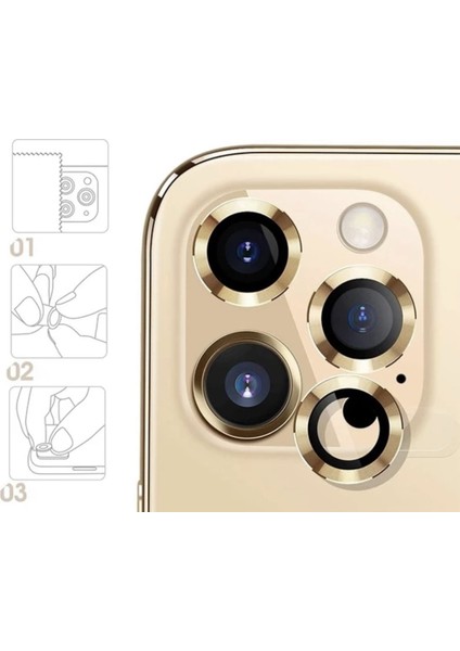 Apple iPhone 13 Pro Max Kamera Koruyucu Lens Mercek Metal Çerçeveli 3lü Set Gold Altın modelleri
