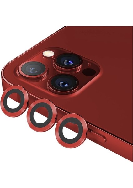 Apple iPhone 13 Pro Max Kamera Koruyucu Lens Mercek Metal Çerçeveli 3lü Set Kırmızı Red