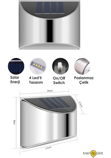 2ADET Solar Metal Tek Taraflı Aplik Duvar Lambası Dekoratif LED Aydınlatma Güneş Enerjili