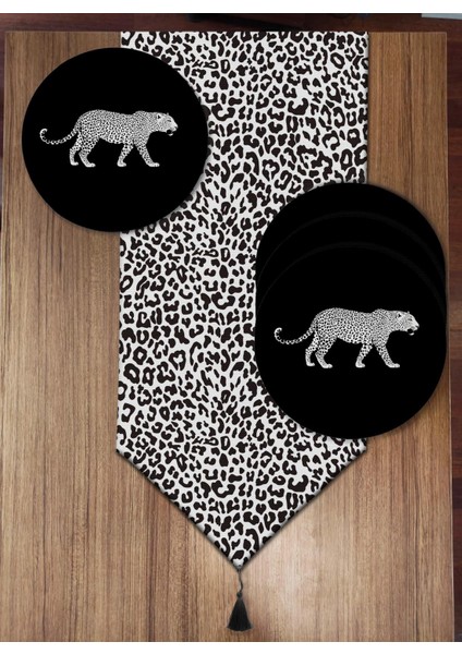 Siyah Beyaz Leopar Desenli 6'lı Supla ve Runner Set