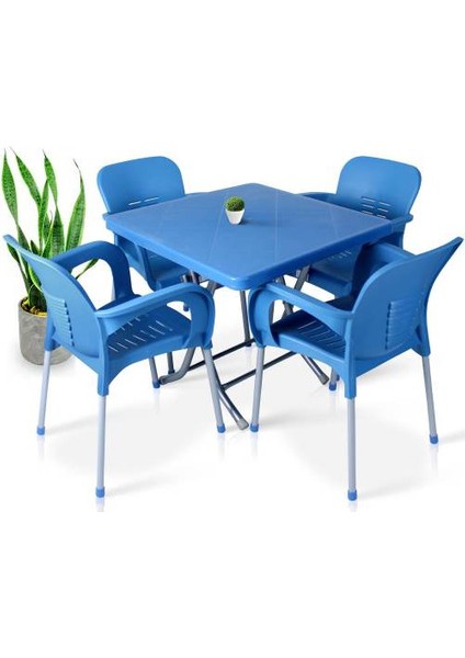 Mandella 80X80 cm Plastik Bahçe Balkon Masa Takımı 4 Kişilik Metal Ayaklı Katlanır Set