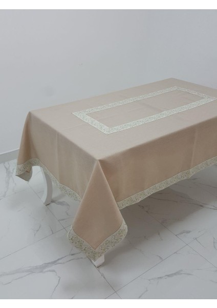 Gonca Lüx Jakar Bordürlü Keten Kumaş Bej Masa Örtüsü Dikdörtgen 160x230 cm - 1132