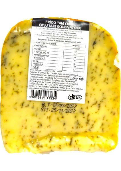 Tam Yağlı Otlu Gouda Peyniri Parça 150 gr