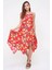 Saygı Giyim Çiçek Desenli Ip Askılı Asimetrik Empirme Dokuma Viskon Elbise Kırmızı