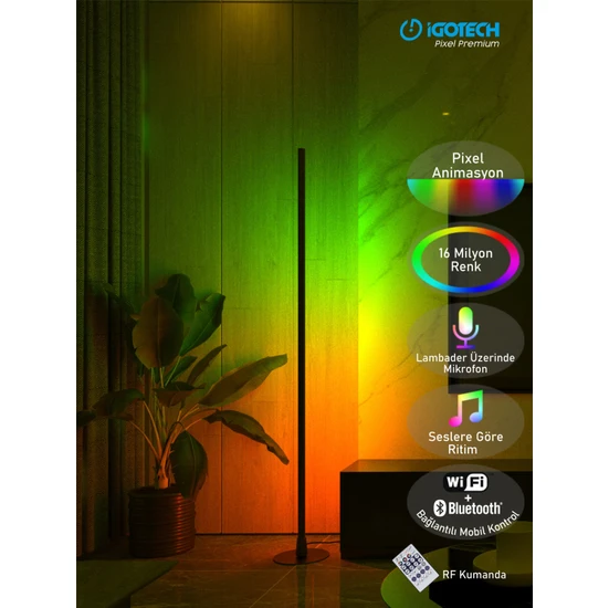 İgotech Pixel Premium Wifi Bluetooth Argb Sese Duyarlı Kumandalı LED Lambader- Siyah 150CM