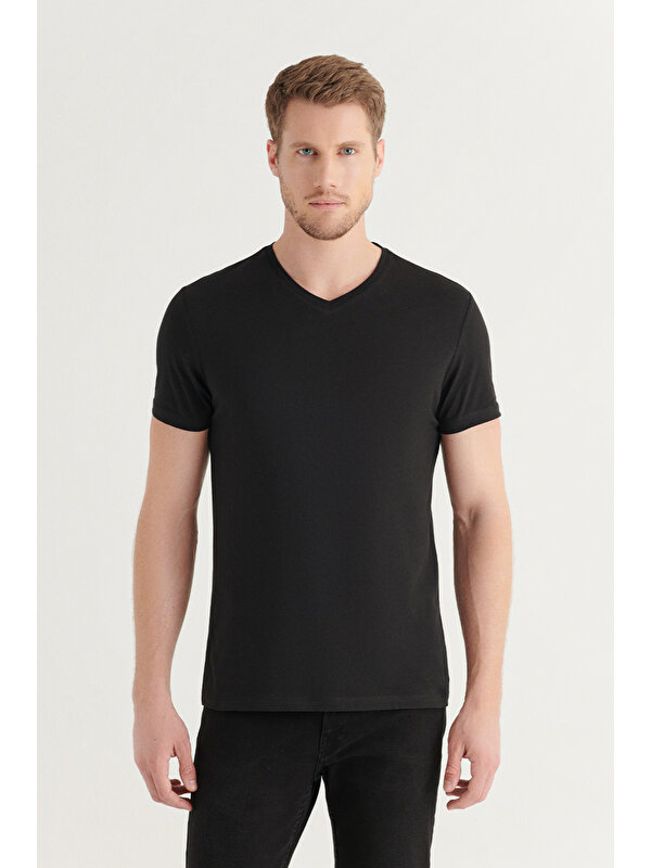 Avva Erkek Siyah V Yaka Düz T-Shirt E001001