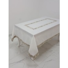 Finezza Nergis Lüx Jakar Bordürlü Keten Kumaş Krem Masa Örtüsü Dikdörtgen 160x230 cm - 1136