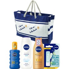 Nivea Koruma&nem Güneş Sprey GKF30+ALOEVERA Lip Peeling+Soft Duş JELI+Q10 Bronzluk Losyon+Plaj Çanta