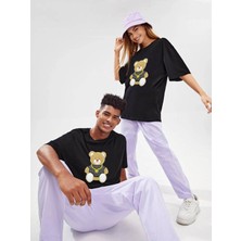 Unisex Ekose Ayıcık Detaylı Oversize Rahat T-Shirt