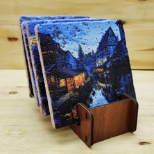 Harikapoli Evgeny Lushpin - Traverten Bardak Altlığı 4'lü Set Standlı