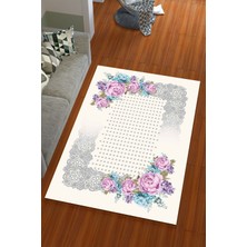 Miray Tekstil İpek Kadife Bej Renkli Dantel Büyük Çiçek Desen Lastikli Halı Örtüsü